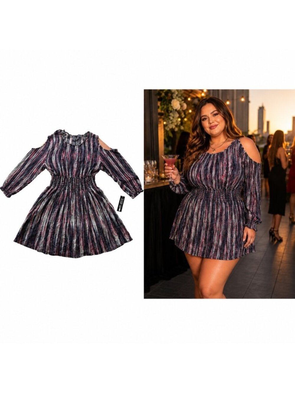 Lord & Taylor Design Lab Cold Shoulder Cinched Waist Mini Dress Multi Color LG - Picture 1 of 8